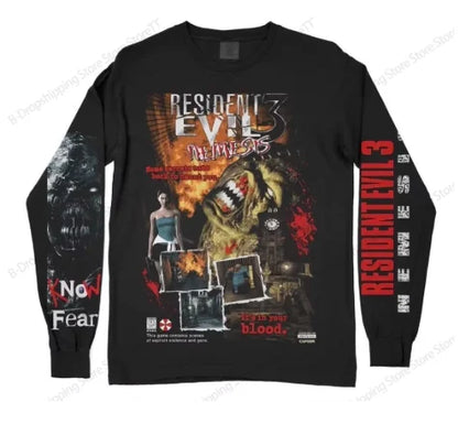 Mens Resident Evil Long Sleeve T-shirt Vintage Game 3D Print Tshirt Men Women Fashion O-Neck Sports Tops Tees Mens Clothing New