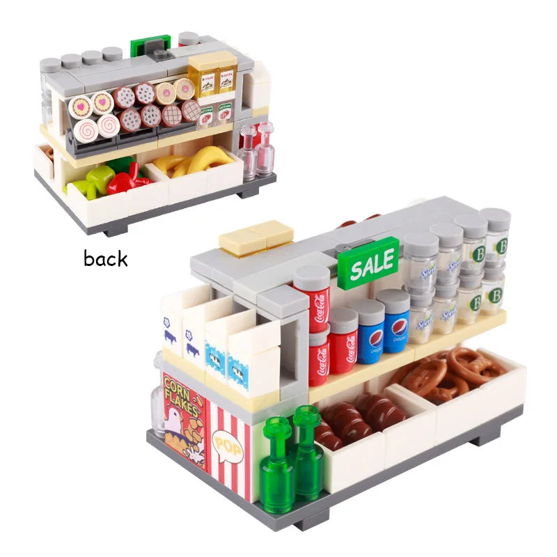 MOC City Supermarket Shop Store Building Blocks Street View Drink Food Vegetable Food Accessories Dessert Blocks Printed Bricks
