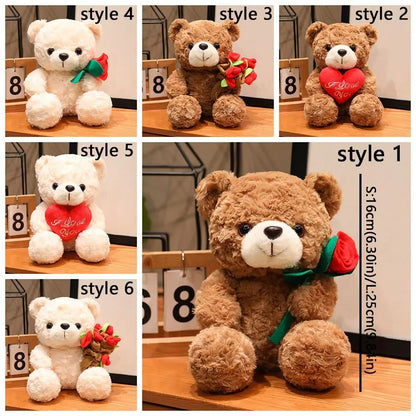 Lovely 16/25CM Bear Plush Toy Romantic Red Heart Rose Bear Doll Cute Soft Holding Flowers Bear Doll Home Decoration