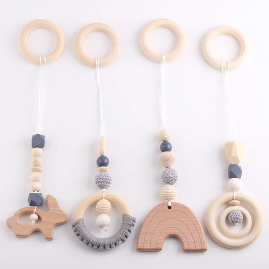 NANA 4PCS/Set Baby Play Gym Beads Wood Teether Toddler Hanger Rattle Wood Ring Teething Toys For Newborn Baby Pram Toy