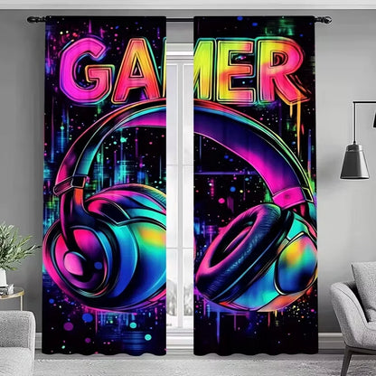 2PC Neon Gamer Headset Graffiti Sheer Curtains - Gaming Themed Print Window Drapes for Man Cave Bedroom Decor