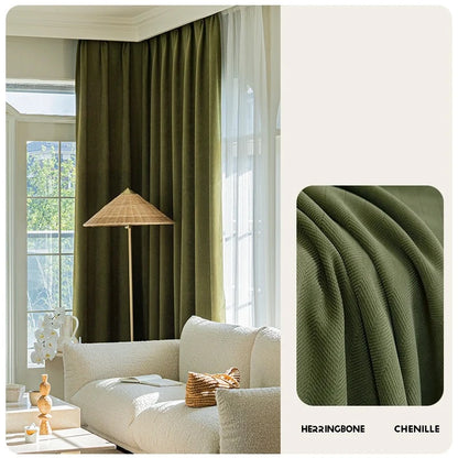 American Vintage Olive Green Chenille Blackout Curtains High-end Herringbone Thickened Custom Curtains for Living Dining Bedroom