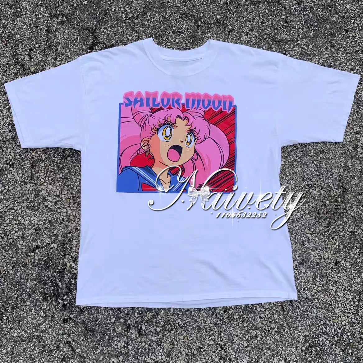 2026 Summer Sailor Moon Print Cotton T-shirt, Unisex Loose Casual Sportswear, Anime Tsukino Usagi Moon Vintage Manga Graphic Tee