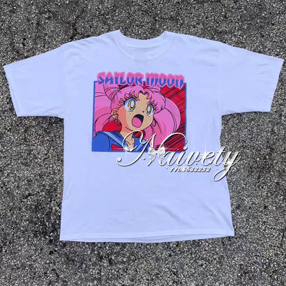 2026 Summer Sailor Moon Print Cotton T-shirt, Unisex Loose Casual Sportswear, Anime Tsukino Usagi Moon Vintage Manga Graphic Tee