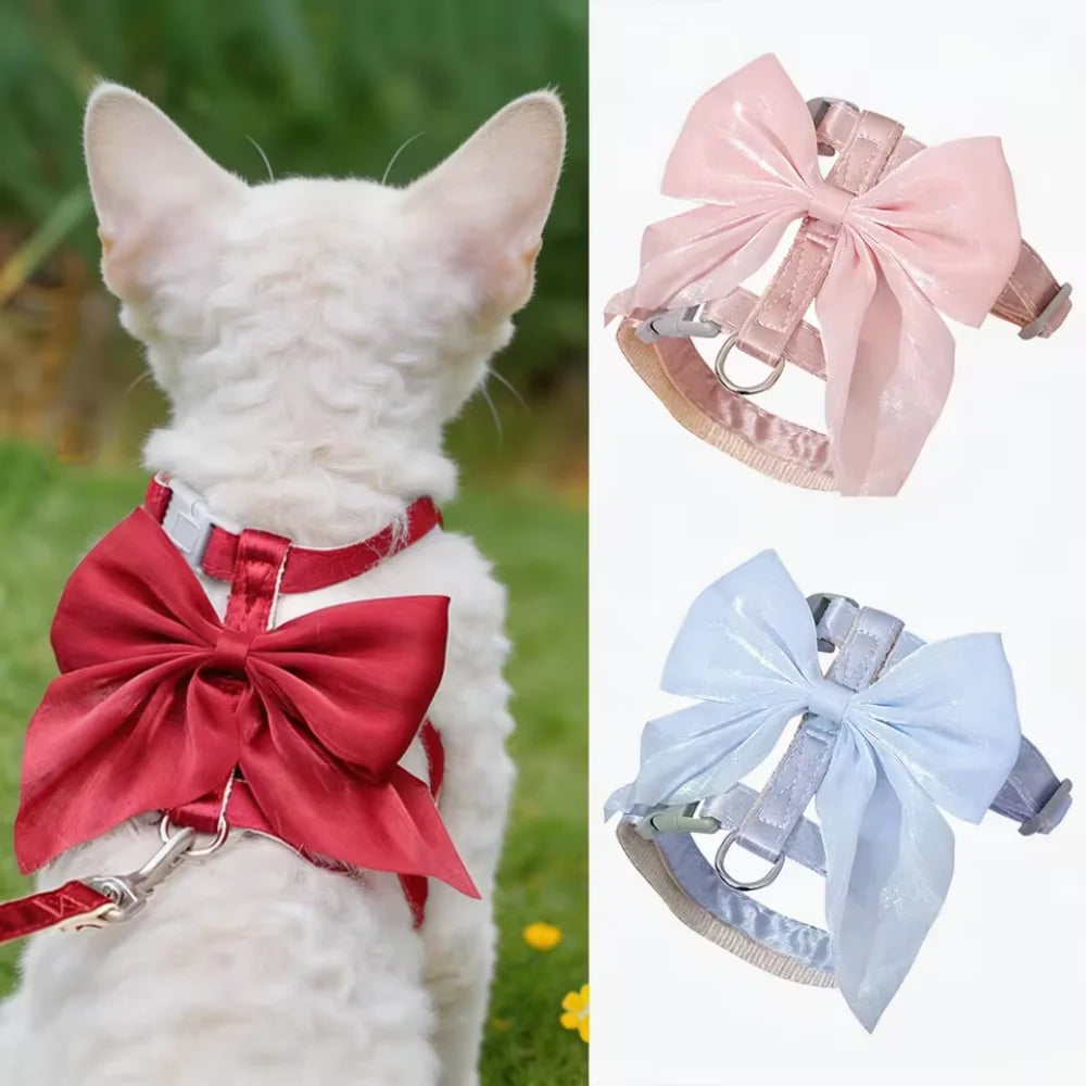 1Pcs 120cm Cat Harness Leash Set with Big Bow  Cute Pet Vest Chest Walking Outdoor Small Dog Kitten Breathable Soft Safety Strap