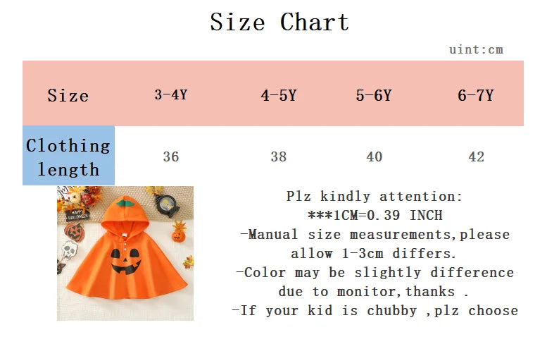 Kids Halloween Pumpkin Cape Hooded Cloak 3‑8 Years Toddler Baby Walking Costume Boys Girls Halloween Party Fancy Dress Up Outfit
