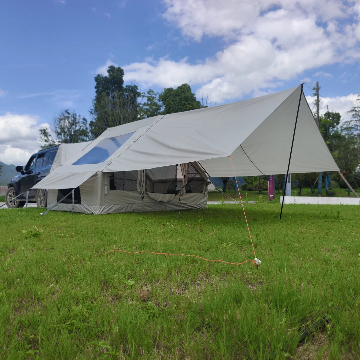 Inflatable Car Tent with Skylight,Blow up Car Rear Tent with 3m Canopy,Inflatable SUV Tailgate Tent with One Bedroom& One Hall