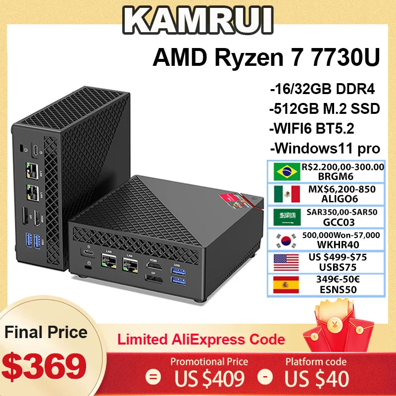 KAMRUI MINI PC R7 7730U Dual Channel 32GB DDR4 512GB SSD Win11pro WiFi6 BT5.2 Triple 4K Display Desktop Computer for Office Home