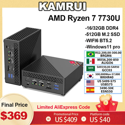 KAMRUI MINI PC R7 7730U Dual Channel 32GB DDR4 512GB SSD Win11pro WiFi6 BT5.2 Triple 4K Display Desktop Computer for Office Home