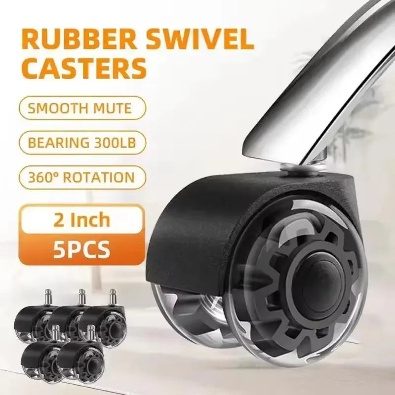 Pack of 5 Quiet Rubber Swivel Wheels for Office Chairs, Smooth and Stable Furniture Casters