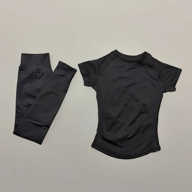 2 Pieces Sports Set Women Yoga Slim Fitness Active Top Suits Low Ribbed Band Gym Seamless Short Set Workout Leggings Sets
