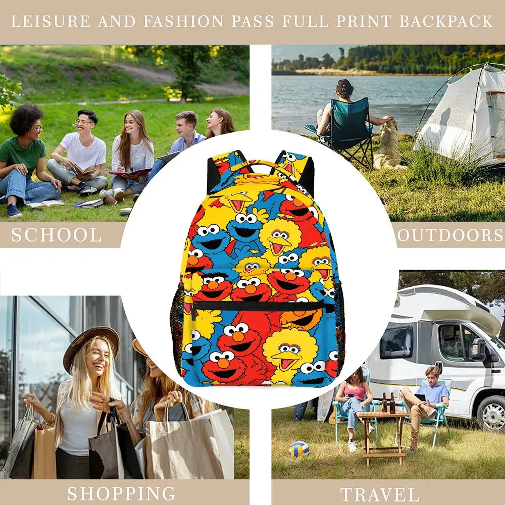 Cartoon Elmo Big Bird Full Print Backpack Sesame Street Schoolbag Outdoor Travel Rucksack Gift