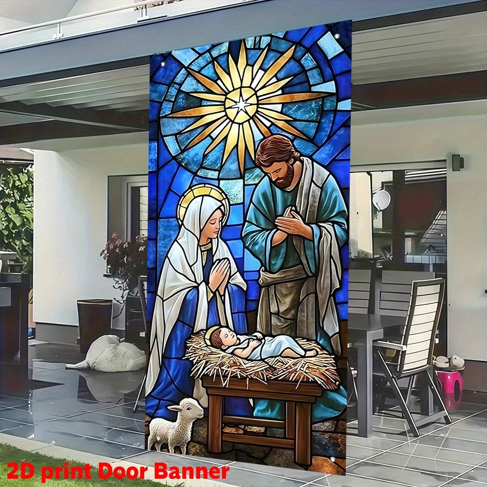 180x90cm Christmas Nativity Scene Door Banner Home Religious Wall Decoration Christmas Indoor Outdoor Hanging Decorations