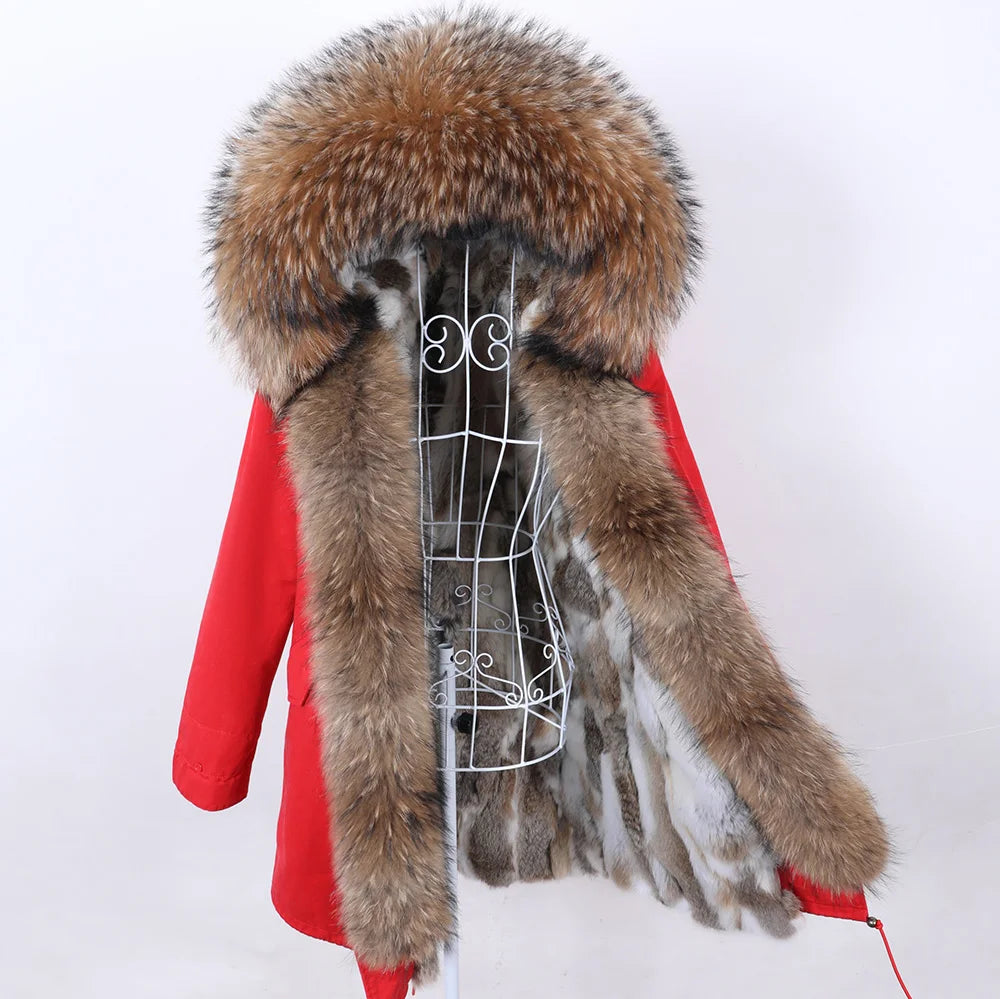 2026 Maomaokong Women's Winter Coats Rabbit Lining Jacket Natural Real Raccoon Fur Collar Parka Fox Fur Long Female Clothing