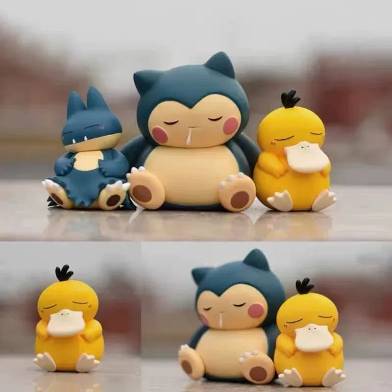 3pcs Pocket Monsters Sleeping Psyduck Snorlax Anime PVC Figure Set Cute Mini Spirit Doll Collection Model Toy Desktop Decor Gift