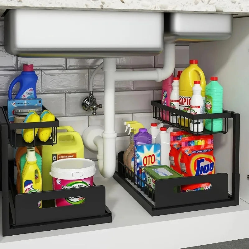 2 Tier Sliding Under Sink Storage Rack Rustproof Metal Iron Pull Out Basket Organizer for Kitchen Bathroom Cabinet Home Storage