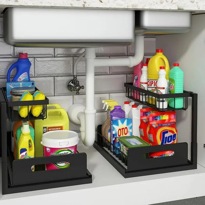 2 Tier Sliding Under Sink Storage Rack Rustproof Metal Iron Pull Out Basket Organizer for Kitchen Bathroom Cabinet Home Storage