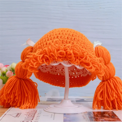 0-3Y Kids Girl Hat Beanie Hair Pigtail Curly Wig Cap Handmade Woolen Yarn Knitted Children Baby Hats and Caps Photography Props