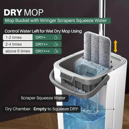 Hands‑Free Flat Mop with Bucket Set 360 Rotatable Wet Dry Floor Cleaner Microfiber Pads for Hardwood Tile Kitchen Floors