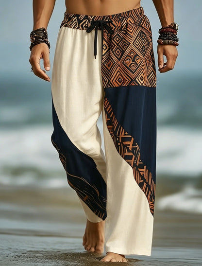 Men's Drawstring Waist Patchwork Tribal Geometric Print Long Pants, Relaxed Loose Fit For Spring Summer Beach Daily Wear