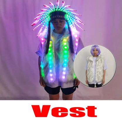 Full Color LED Light up Fur Vest Jacket with Indian Headdress - Performance Outfit for Night Events