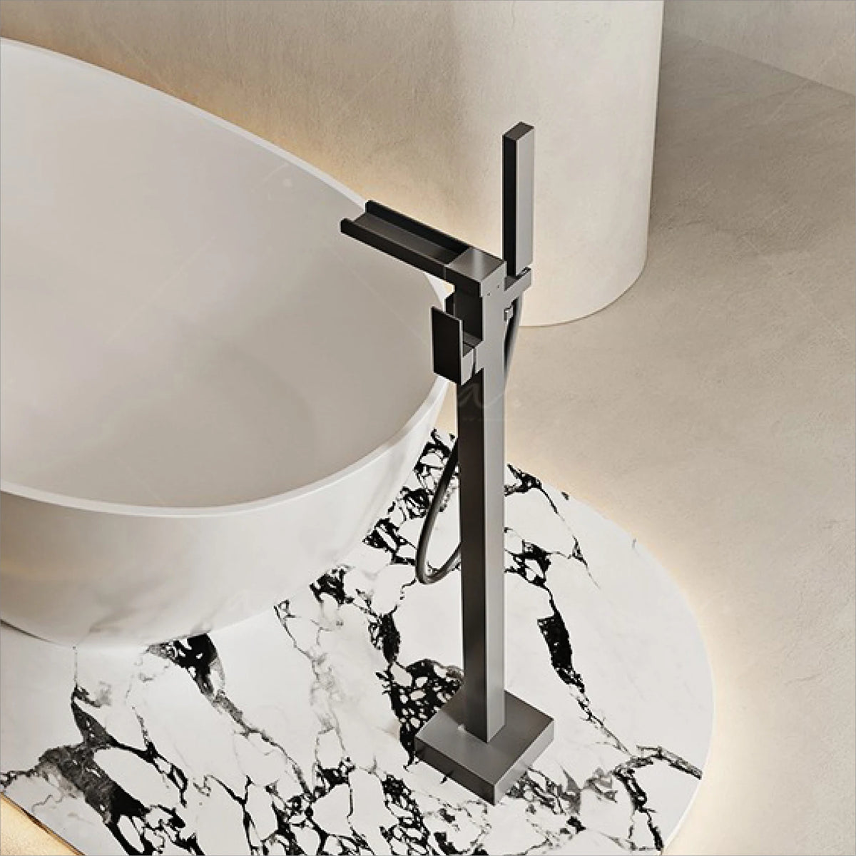 AITANA Luxury Black Brass Floor Standing Bathroom Faucet with Waterfall Water Outlet Design, Hot and Cold Bathtub Mixer