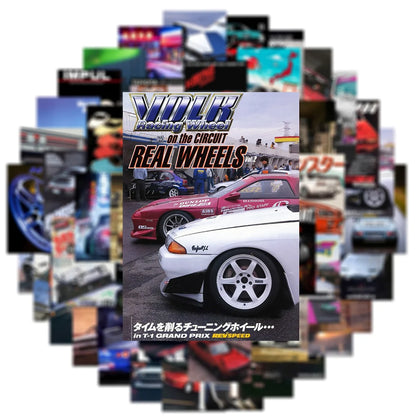 50pcs Retro JDM Car Poster Stickers Cool Retrofit Racing Cartoon Graffiti Sticker Decals for Bag Motorcycle Phone Suitcase