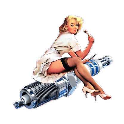 Classic Spark Plug Pin Up Girl cartoon decal on a spark plug for hot rod car, motorcycle, and biker decoration.