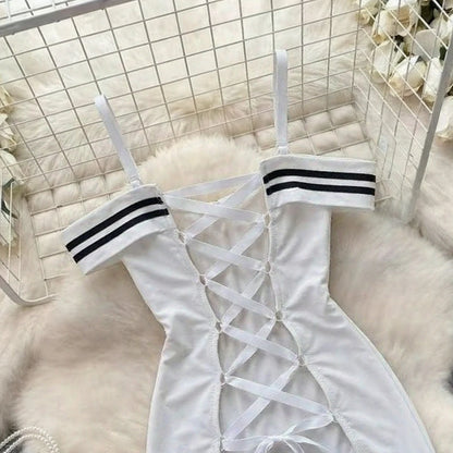 Sexy Mini Dresses Hotsweet Uniform Style Club Slimming Dress Retro Striped One-Shoulder Bodycon Short Skirt Sleeveless Fashion