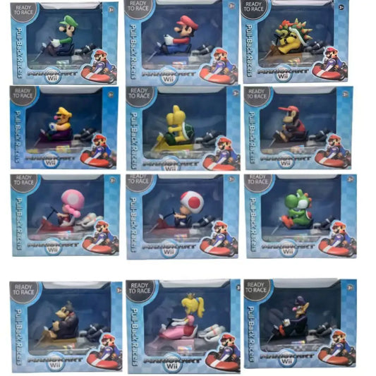 12cm Super Mari  Karting Luigi Bowser Yoshi Toad Action Figure With Box Pull Back Car Anime Game Doll Gifts for Kids