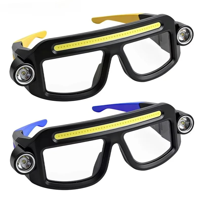 Rechargeable COB LED work lamp glasses headlight featuring adjustable angle and waterproof design.