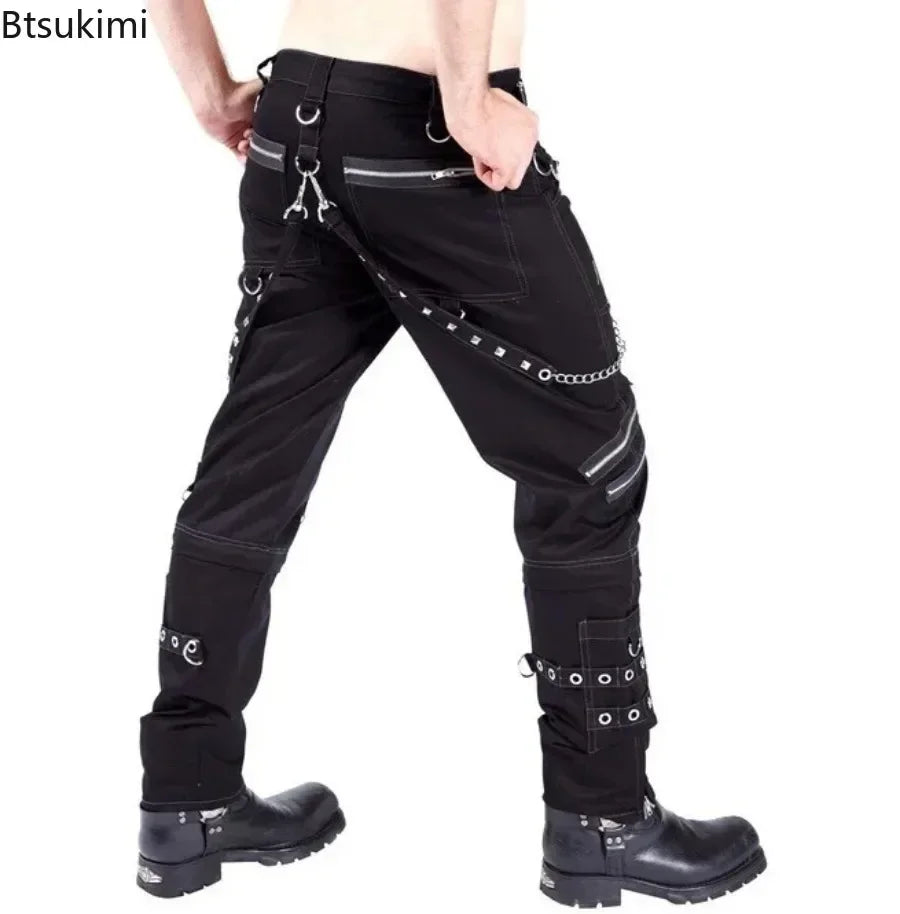 2026 Men's Hip Hop Rock Punk Gothic Pants Cotton Casual Pants Buckle Zip Chain Strap Trousers Men Streetwear Daily Cargo Pants