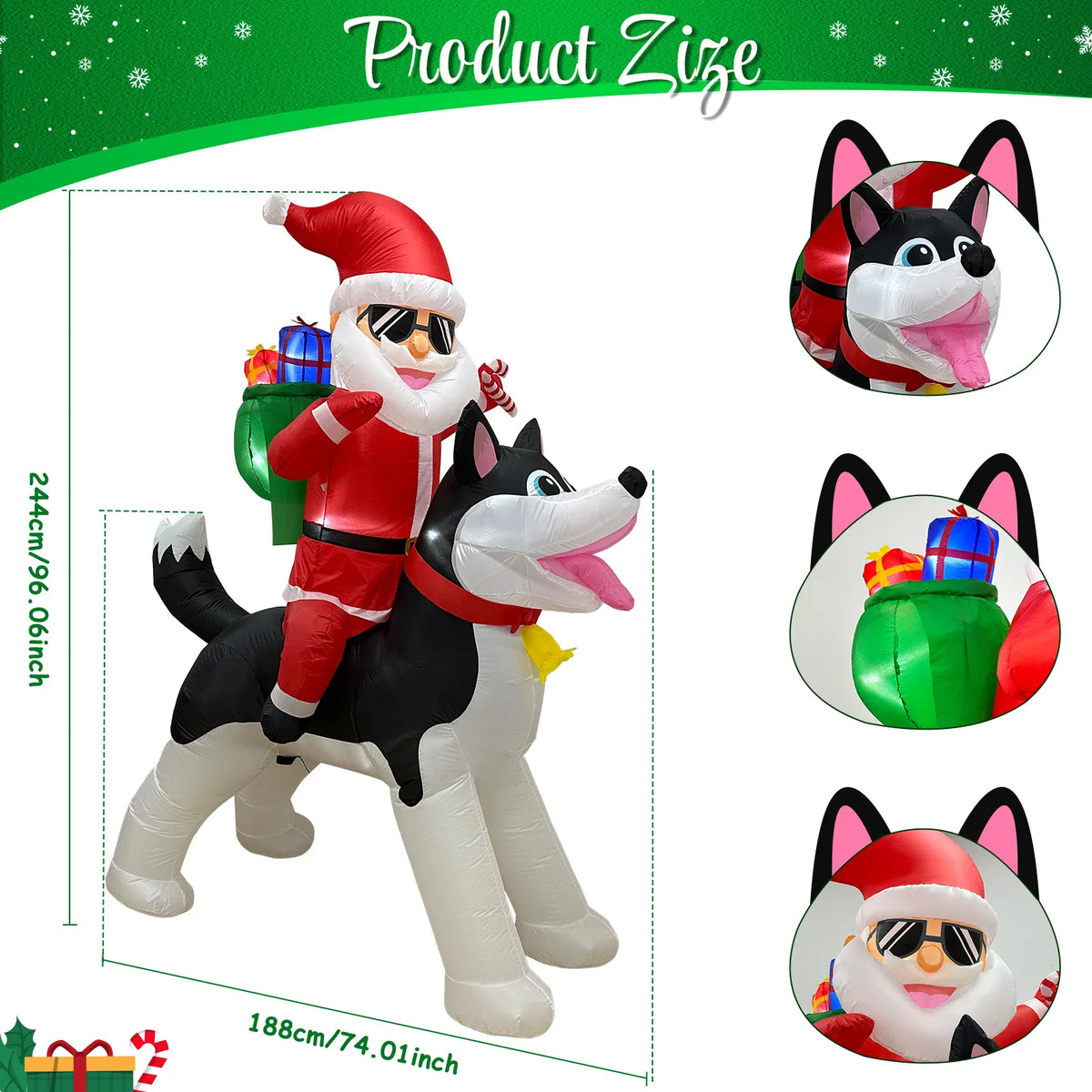 8FT inflatable Christmas outdoor decoration, Santa Claus riding a husky, fun Christmas patio decoration