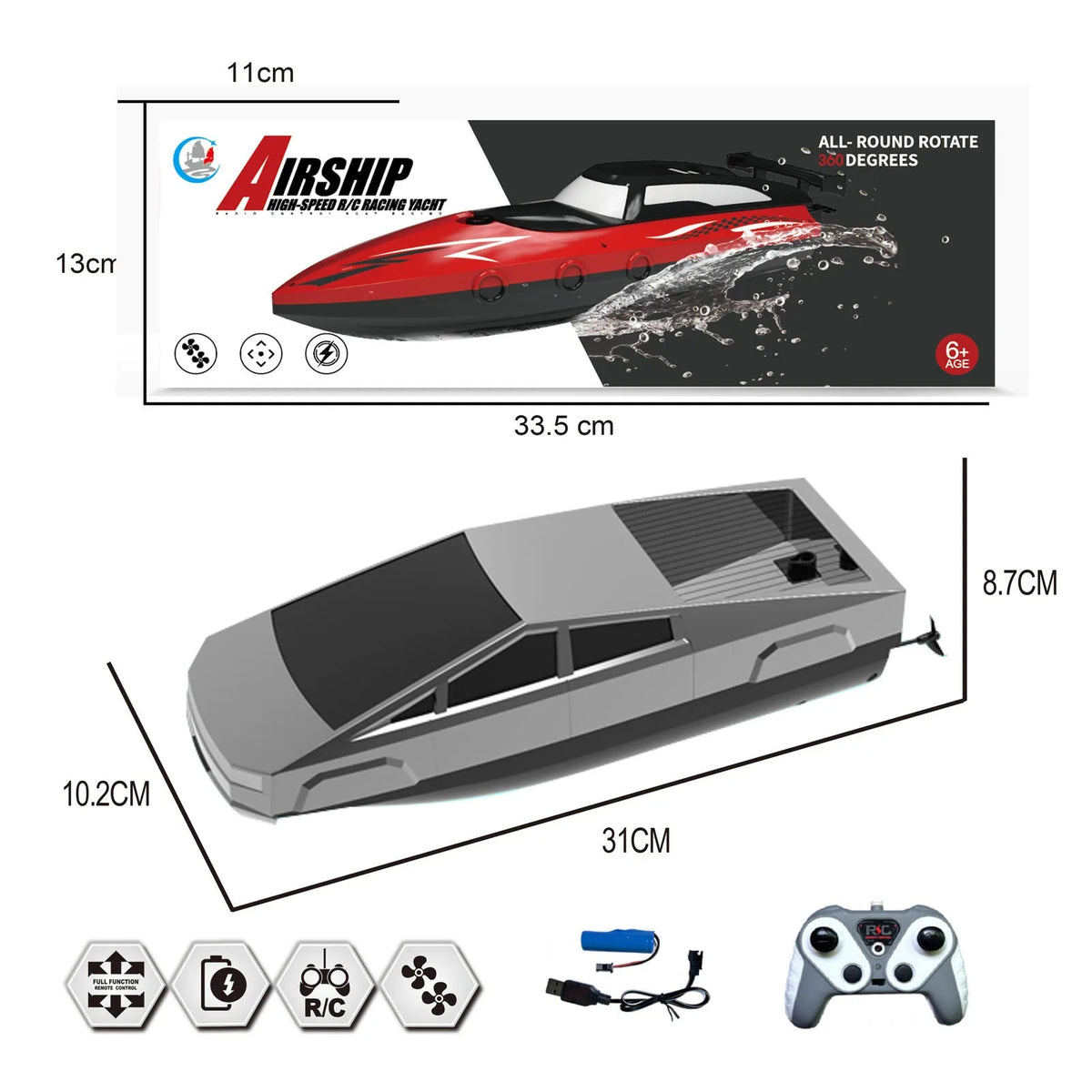 Cyberpunk High-Speed RC Boat 2.4GHz Waterproof Dual Motor Rechargeable Battery for Pools Lakes Boys Kids Adults Birthday Gift