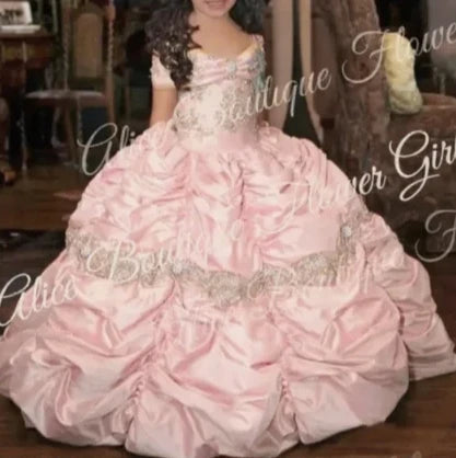 Retro Princess Beaded Flower Girl Dresses Lace Taffeta Little Girl Wedding Dresses Vintage Pageant Dresses Gowns