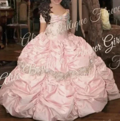 Retro Princess Beaded Flower Girl Dresses Lace Taffeta Little Girl Wedding Dresses Vintage Pageant Dresses Gowns