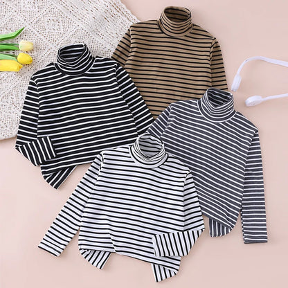Autumn And Winter Children's Fashion Striped High Neck Long Sleeved Base Shirt Boys' Casual Sports Top Girls' Versatile Warm T