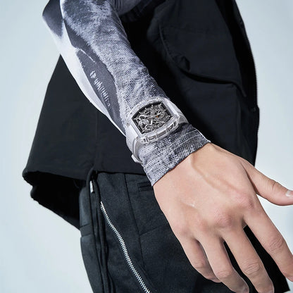 BONEST GATTI Men Automatic Watch Tonneau Mechanical Wristwatch Crystal Case Rubber Band Month Week Date Multi Dial Watches