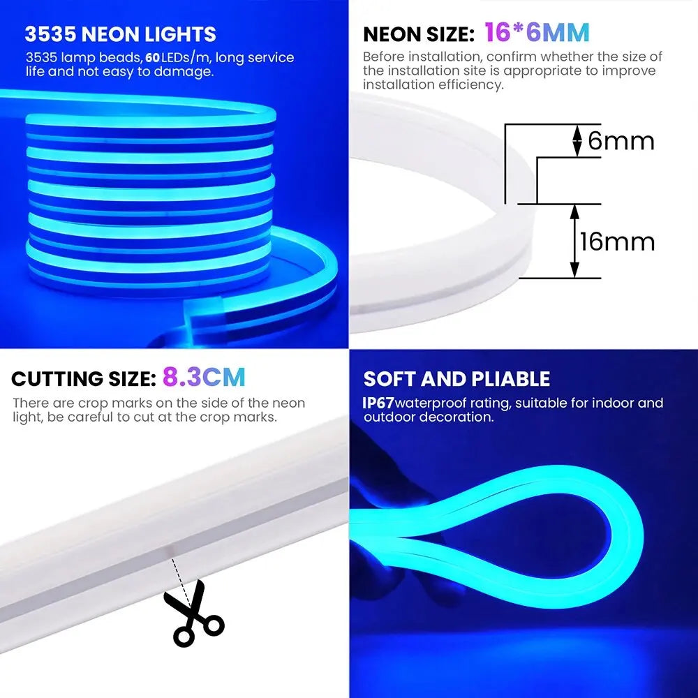 Neon Rope Light 24V 5M 10M 15M 20M 30M Rgb Bluetooth Neon Led Strip Light Outdoor Waterproof Multicolor Neon Flexible Diode Tape