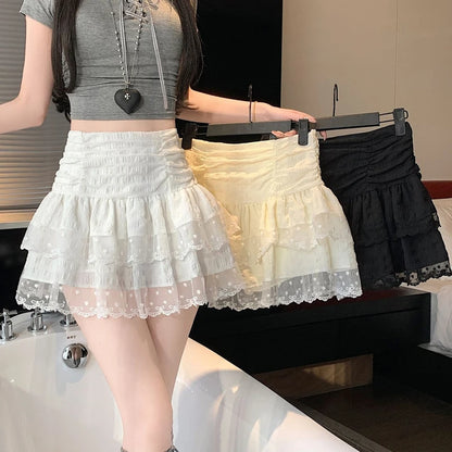 White Sweet Ballet Mini Skirt Women High Waist Lace Short Cake Skirts Korean Y2k Clothes Girls Casual A Line Black Tulle Skirt