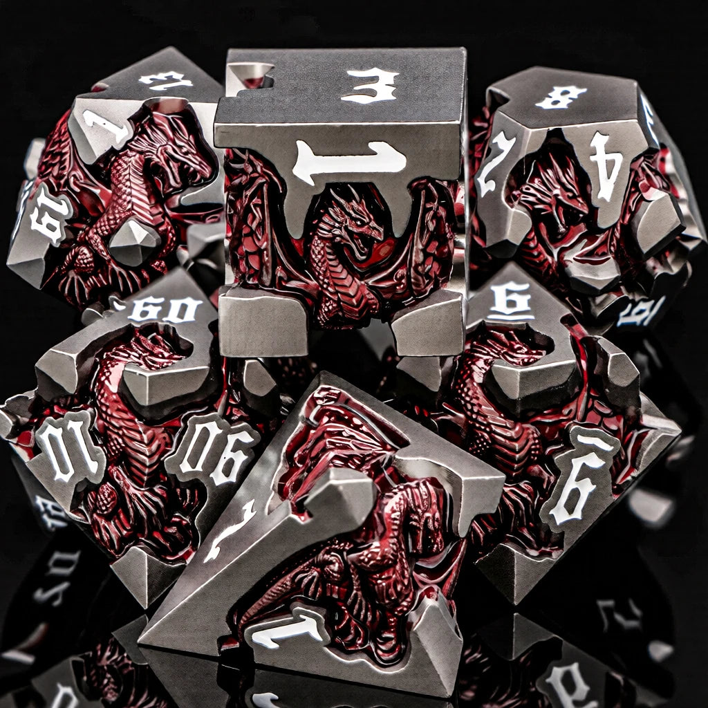 Dragon DND Metal Dice Set D6 D&D Dungeon and Dragon Pathfinder Table Role Playing Game Black Red RPG Polyhedral D20 D and D Dice