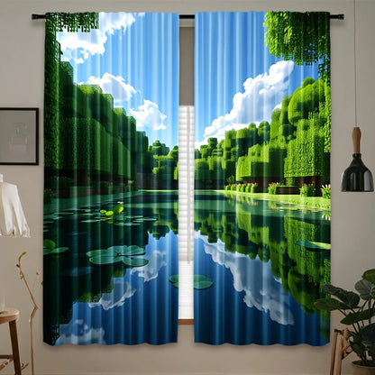 2PCS Digital Print Curtain, Pixel Art Green Forest Landscape Pattern, Gaming Style Scenery for Living Room Bedroom Home Decor