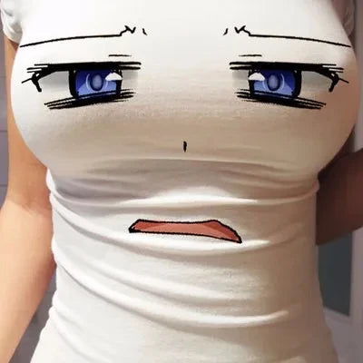 Funny Women T-shirt 3D Eyes Printed T-shirt Summer New Sexy Anime Cartoon Cute Expression Straight Short Sleeve Ladies Slim Tops