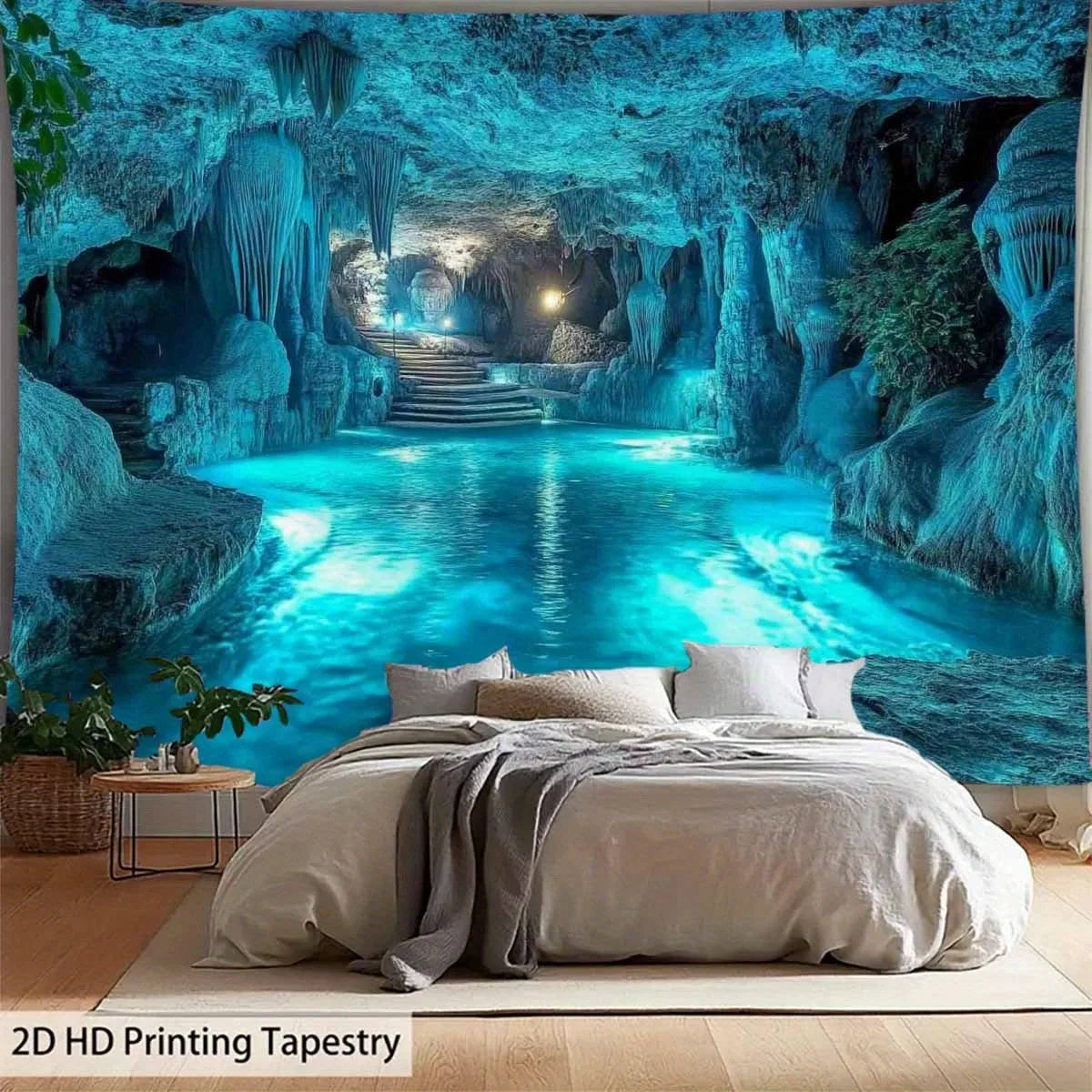 Stunning Blue Cave Underground Waterfall Digital Print Tapestry Wall Hanging Artwork for Modern Aesthetic Bedroom Home Decoratio