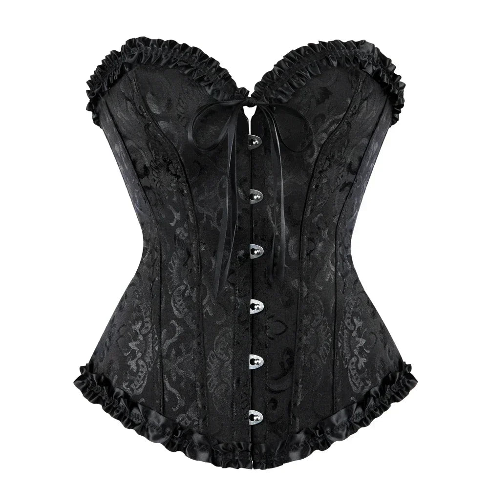 Women Overbust Corset Korset Basques Floral Lace Top Bustier Jacquard Lingerie Corselet