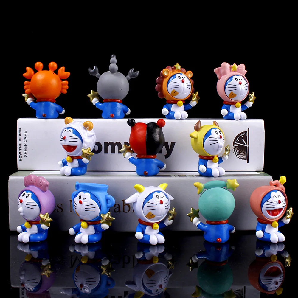 12 constellation Doraemon character set, tinkling cat 12 zodiac PVC mini statue, desktop ornaments collection model toy gift.