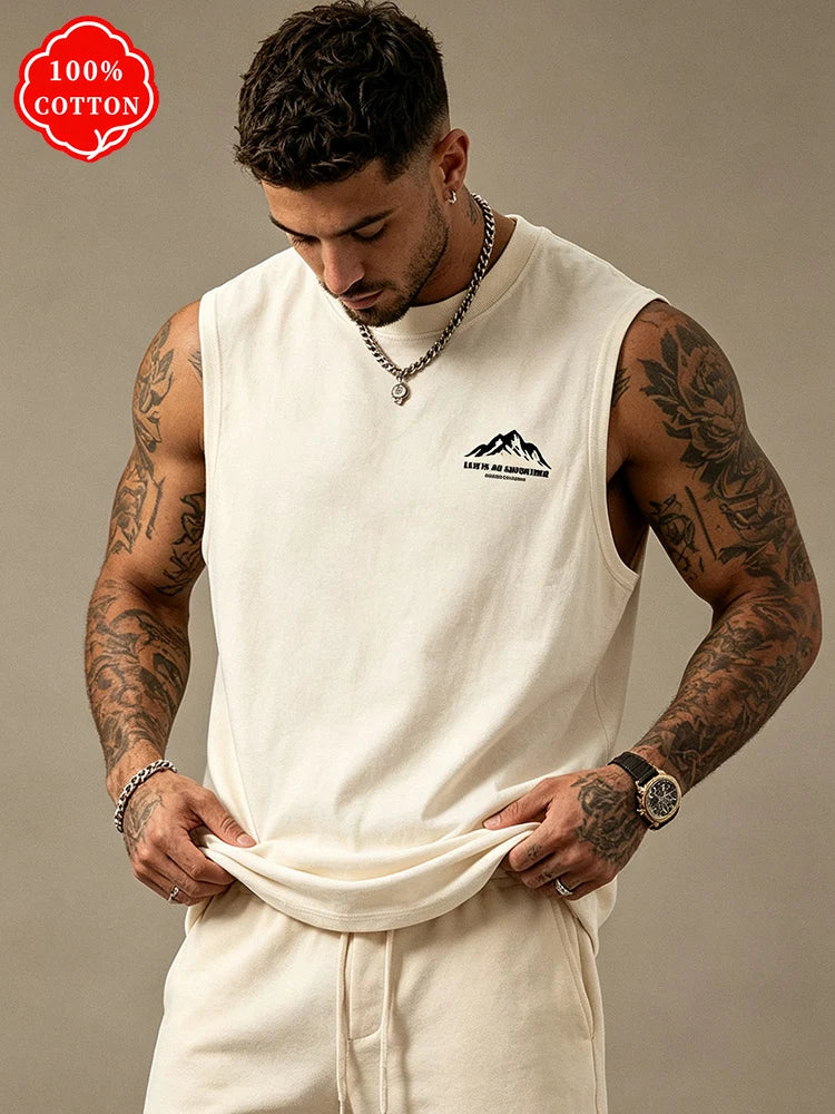 100% cotton men's summer sleeveless top Minimal Mountain Graphic Sleeveless Tee Soft Cotton Daily Wear Streetwear Tank Vest-T76