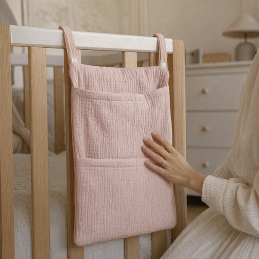 Pure Cotton Baby Crib Hanging Bag Large Capacity Solid Color Stroller Storage Bag Multifunctional 2 Pockets Diapers Organizer