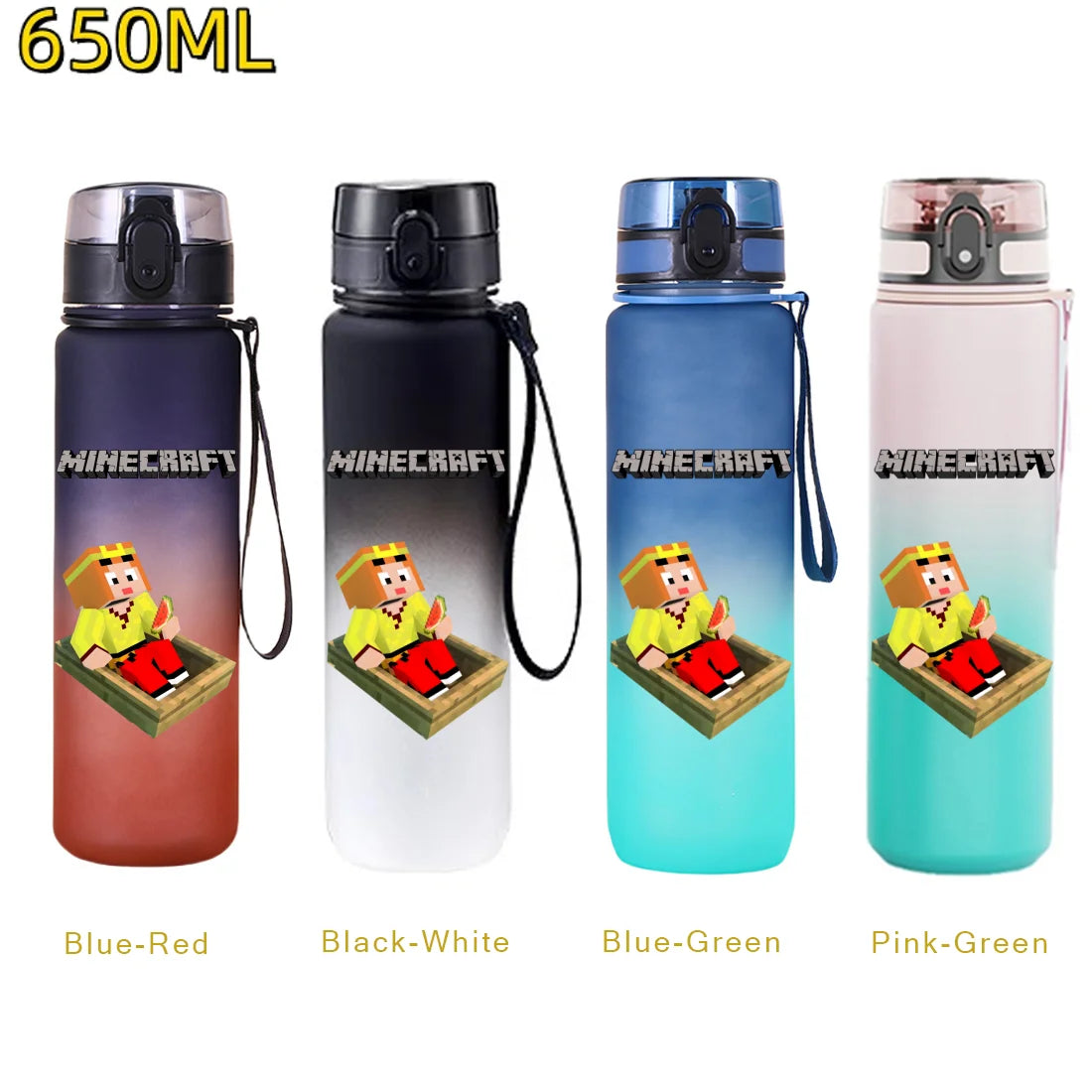 650ML Minecraft Sports Water Bottle LeakProof Plastic Cup Fitness Outdoor Shaker Drink Bottle Travel Office Jugs Birthday Gifts