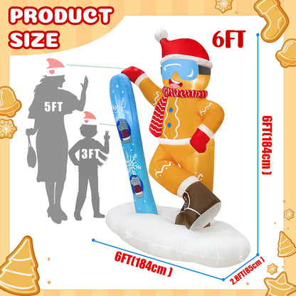 OurWarm 6FT Christmas Inflatable Outdoor Decoration, Cute Skiing Gingerbread Man, for Xmas Outdoor Indoor Lawn Party Decor